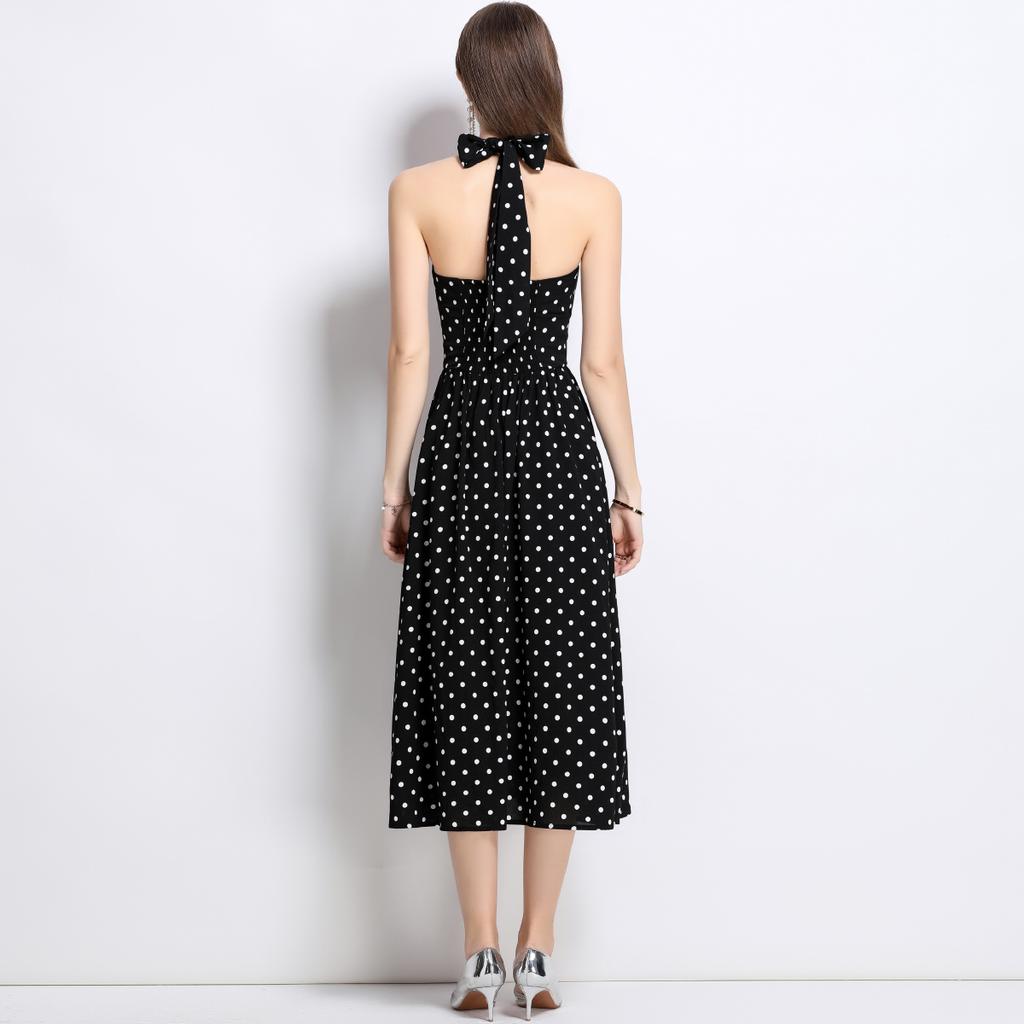Letní Dámské Elegantní Halter Šaty Midi s Otevřenými Zády a Puntíky na Párty