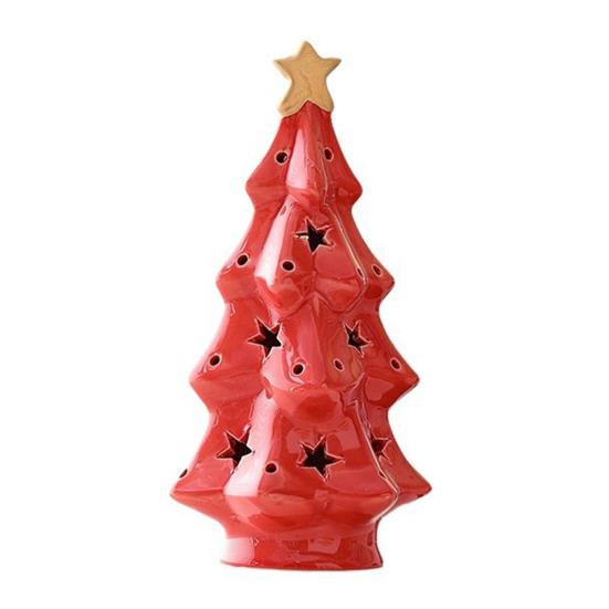 Ceramic Christmas Tree Night Light Glowing Decorative Lamp with Star Topper Xmas Tree Figurines for Holiday Home Decor