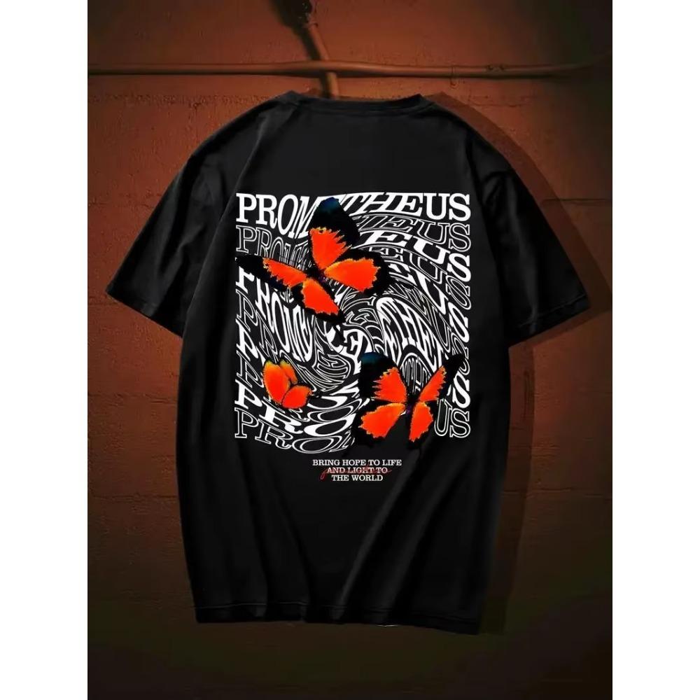 Summer New Men's Casual Crew Neck Short Sleeve "Butterfly & Flower" Butterfly Printed Cotton T-Shirt