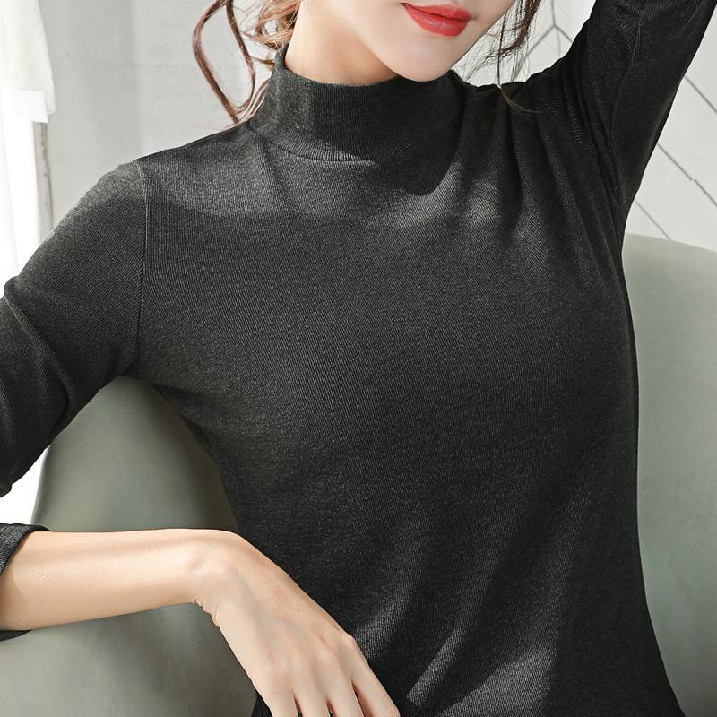 Women's Fleece-Lined Slim Fit Knit Top - Half High Neck Long Sleeve for Spring, Autumn, Winter 2024