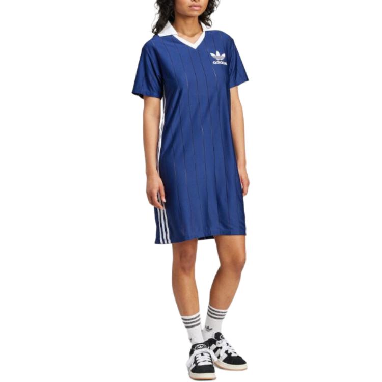 Adidas Originals Stripe Logo Comfort Soft Breathable Short Sleeve Dress Women Dress Navy IX5509