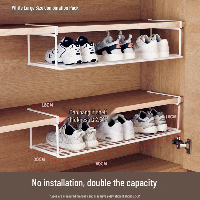 Retractable Shoe Cabinet with Dividers and Foldable Bracket - Space-Saving Storage Rack with Under-Hanging Baskets.