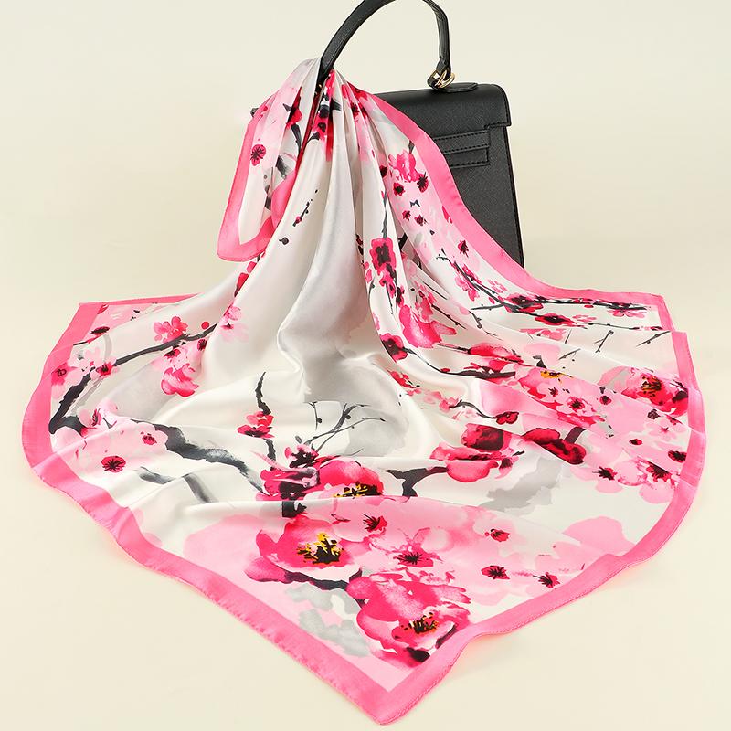 Floral Printed Square Silk Scarf Women Floral Satin Shawls Fashion Hairband Bandana Summer Neck Sunscreen Accessories 70*70Cm