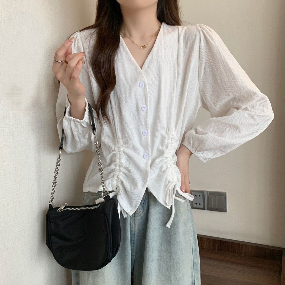 Loose Long Sleeve Shirts V-neck Ladies Shirt Top Sweet Lace-up Drawstring Blouse  Girls