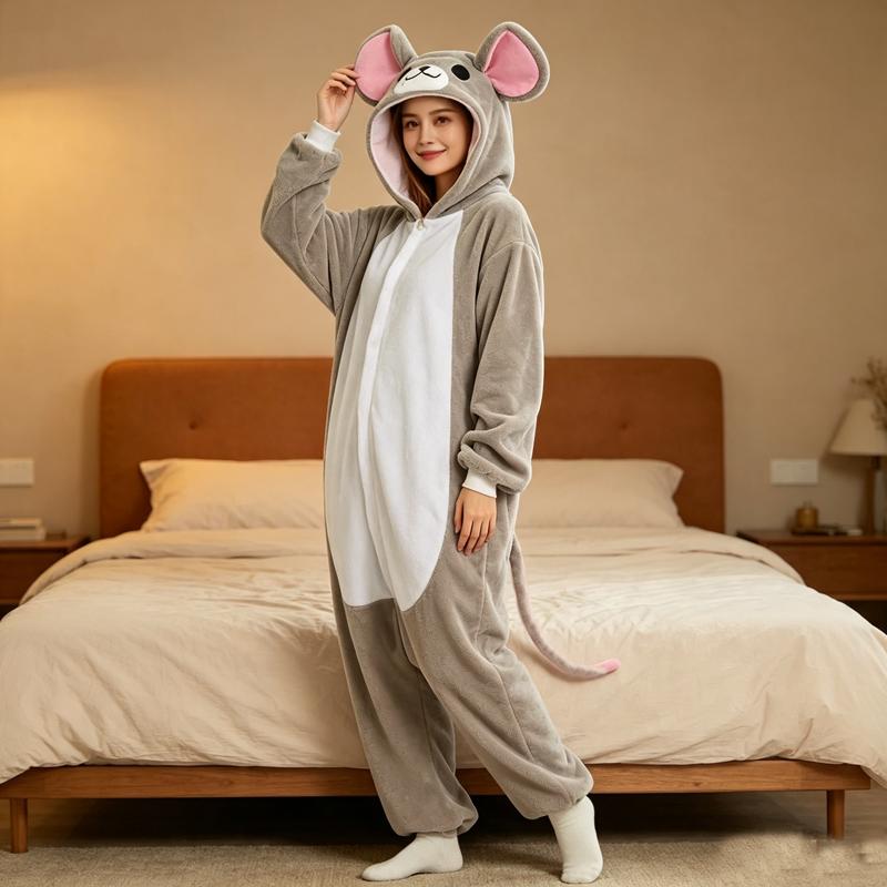 Szary Mysz Kigurumi dla Dorosłych Piżama Anime Kombinezon z Kapturem Polarowy Cosplay na Halloween Odzież Domowa