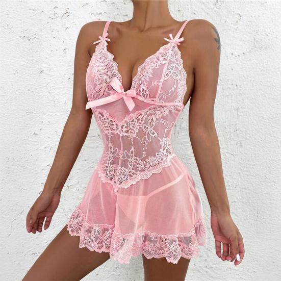 Women's Sexy Bow Sheer Mesh Babydoll Nightdress Chemise V Neck Sleepwear with G String Thong Set Floral Lace Boudoir Outfits