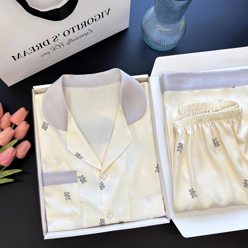 Bubble Bear Ice Silk Pajamas Spring And Summer Girl Style Thin Long-Sleeved Casual Loungewear M