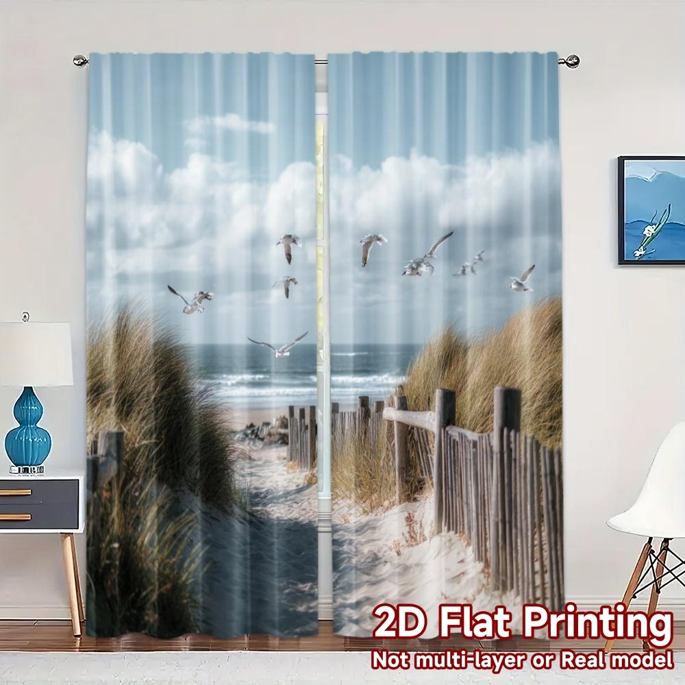 Комплект из 2 плоских печатных штор без карниза Принт «Морская безмятежность» Шикарная прочная полиэстеровая ткань Штора W100*H70(CM)-Hooks&2PCS