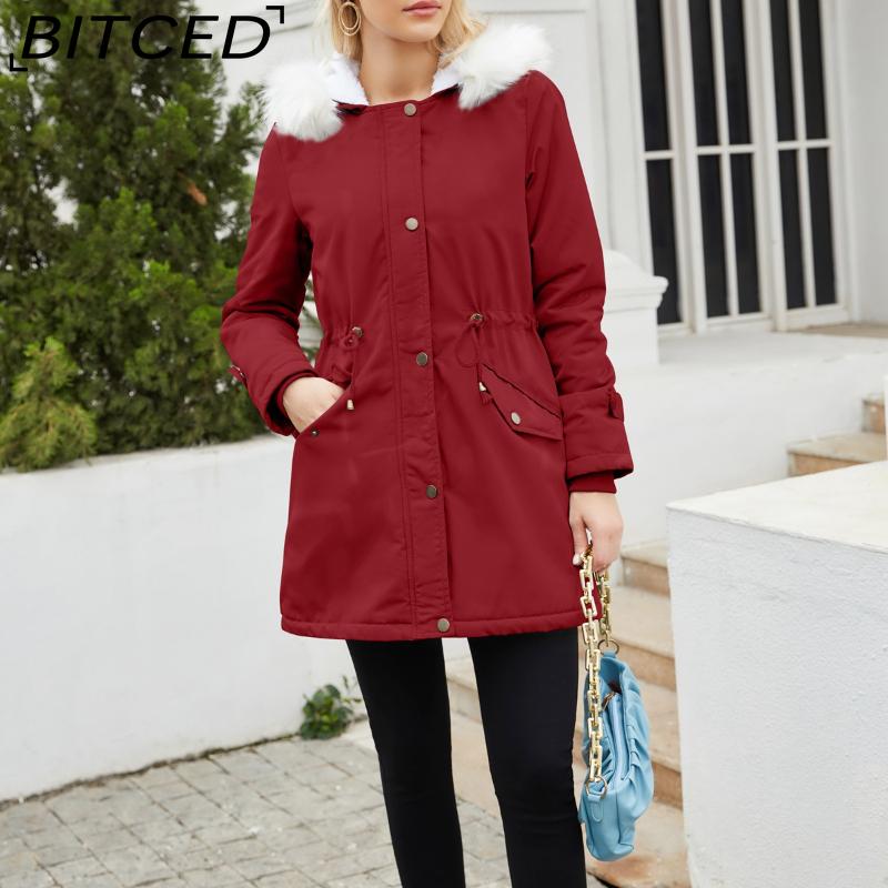 BITCED Autumn/Winter Detachable Fur Collar Women's Parka Long-Sleeved Hooded Cotton Coat Fleece Overcoat