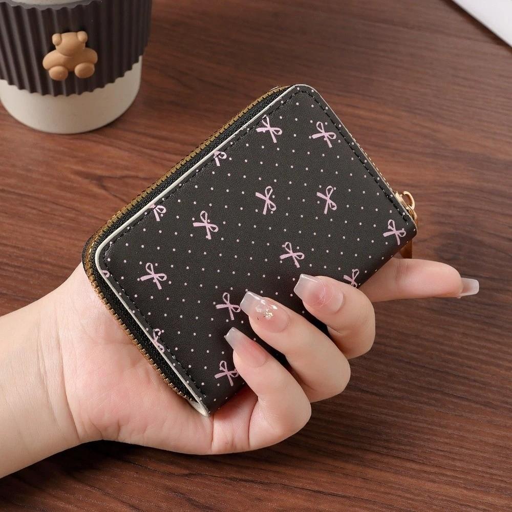 Portable Multi Slot Zipper Wallet Floral Bow Large Capacity Card Holder PU Leather Coin Purse Women
