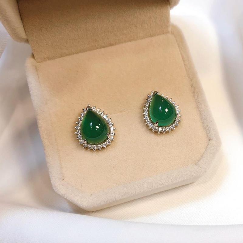 Creative Design Natural Hetian Jasper Drop-Shaped Women'S Earrings Charm Exquisite Diamond-Set Sparkling  Jewelry