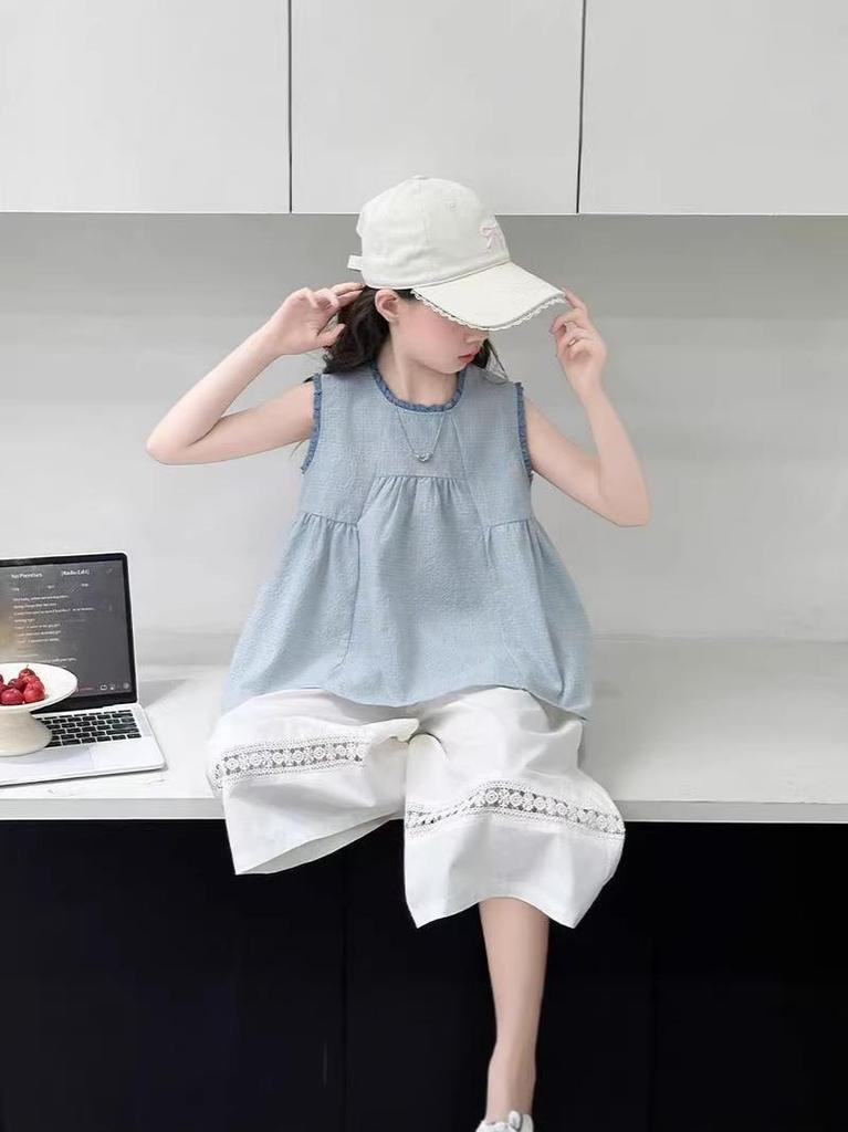 Korean-Style Lace Sleeveless Top & Pants Set - Summer 2026 Girls' Fashion Two-Piece Outfit