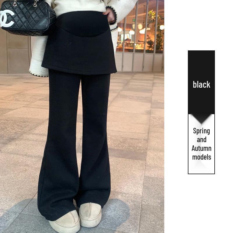 Maternity Faux Two-Piece Crotch Cover Micro Flare Pants, Plus Velvet Warm Winter Slimming Long Pants L