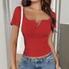 Women’s Fashionable Figure-Hugging Short-Sleeved Top with Lace Trim and Buttoned V-Neck