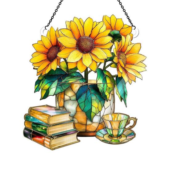 

Floral Tea Cup And Book Suncatcher Stained Glass Effect Window Car Hanging Ornament Acrylic Garden Sun Catcher Panel for Women Mom 10cm E
