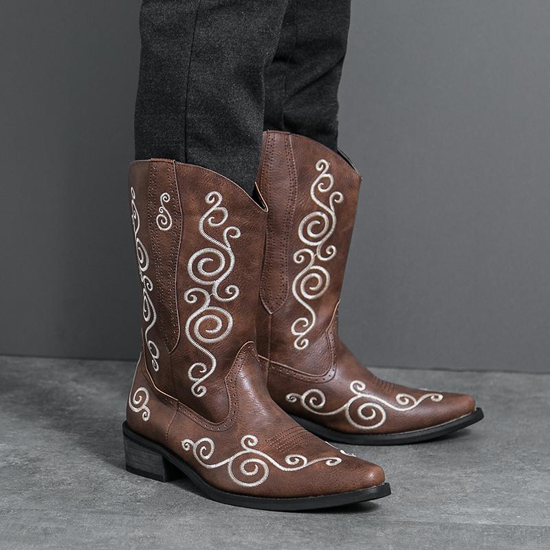 Fashion New Winter Fashion High Tops Embroidery Pattern Western Cowboy Boots For Men's Casual Luxury Brand High-top Shoes Zapatos Hombre