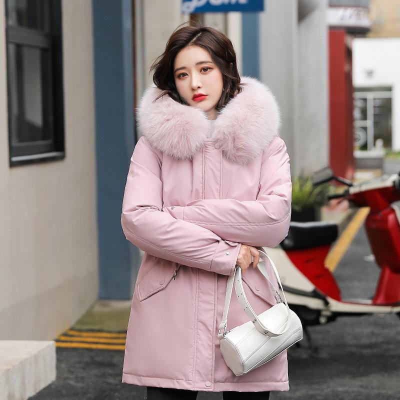 Giacca invernale da donna Parka Cappotto lungo alla moda Fodera in lana Parka con cappuccio Slim con collo in pelliccia Abiti imbottiti caldi per la neve