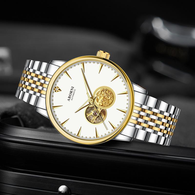 ABORNI Automatic Mechanical Watch Skeleton Gold Dragon Waterproof Luminous Diamonds Men's Watch