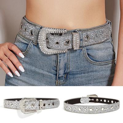 Glitter Rhinestone Belt PU Leather Waist Belt Fashion Waistband  Women
