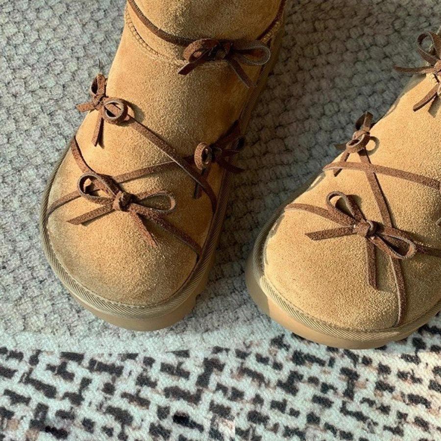 New Winter Women's Boots with Butterfly Knot, Coffee Color,Flat Platform Snow Boots Short Tube Warm Woolen Boots