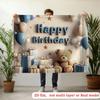 2D Neutral Blue & Beige Teddy Bear "Happy Birthday" Backdrop with Gifts & Balloons