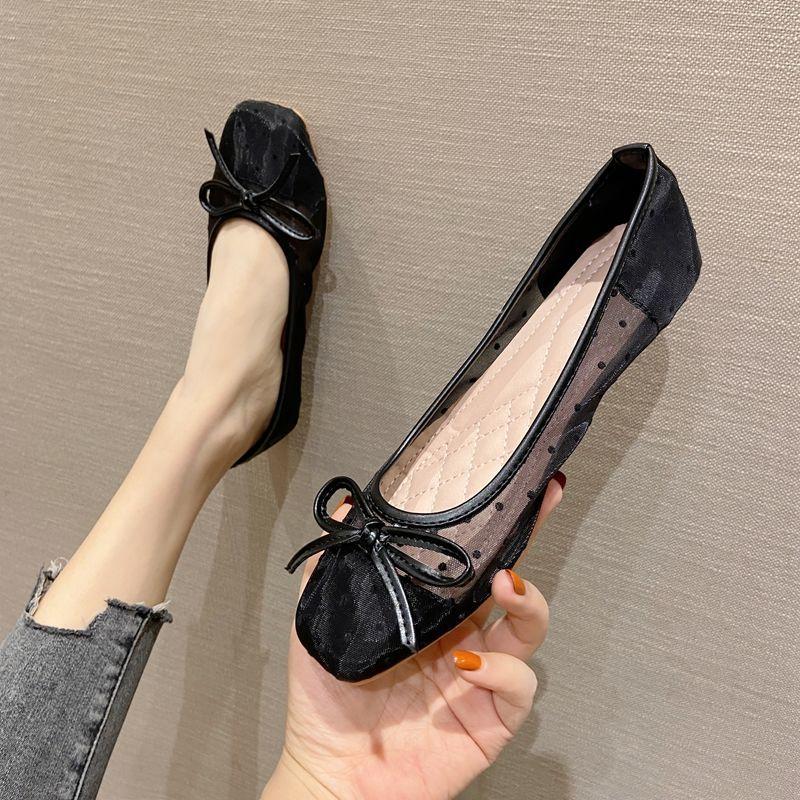 

Модная женская обувь на плоской подошве Весна Лето в горошек с бантом, сетчатая, дышащая, с плоской подошвой, одинарная обувь для женщин, лодочки с квадратным носком 35 чёрный