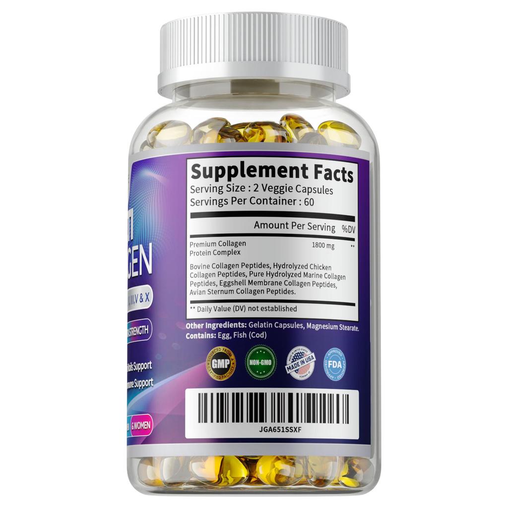 Multi Collagen Peptides 1800mg - Type I,II,III,V,X-Healthy Bones,Hair,Skin,Nails