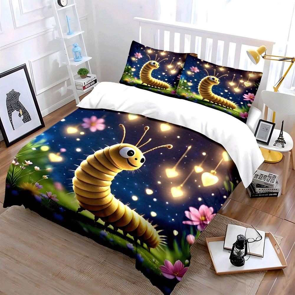 Cute Glowing Caterpillar Prints bedding Set.Exquisite three-piece bedding set gift for kids and adults