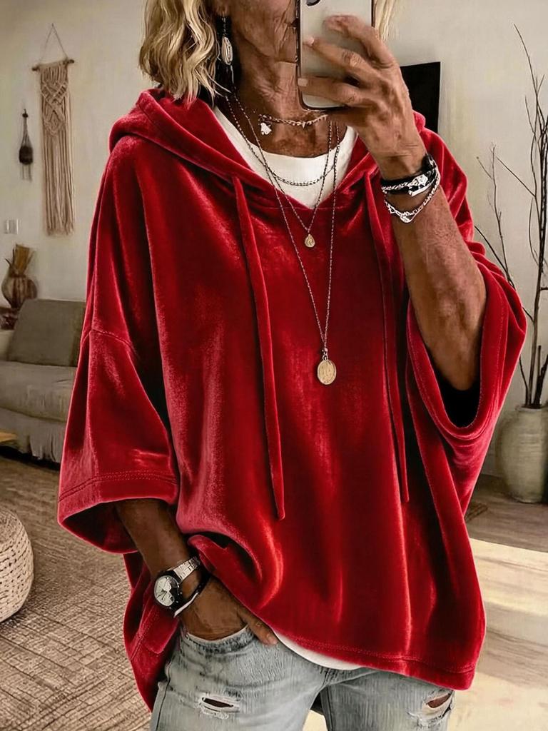 2026 European and American Women's New Hooded Drawstring Sweatshirt, Gold Velvet Layered with a Loose Bat Shirt