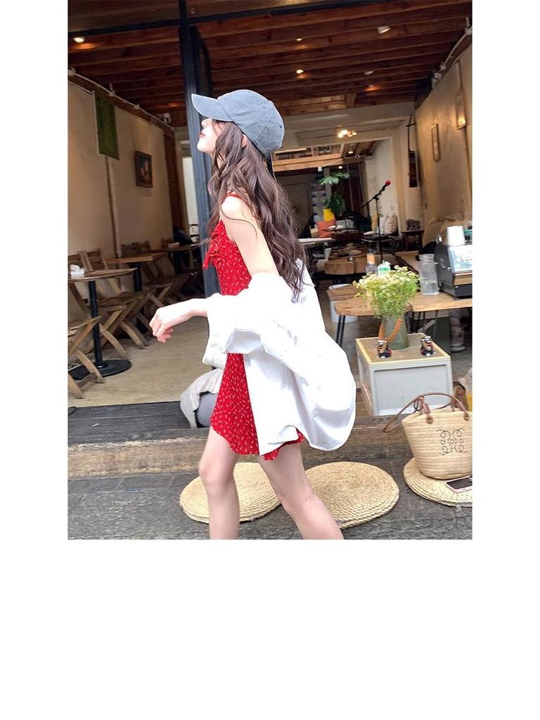 Retro Spicy Girl Red Pleated Spaghetti Strap A-Line Mini Dress - Women's Summer Vacation Slimming Waist Style
