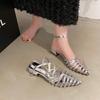 Fashion 2025 Luxury Rhinestone Narrow Band Sandals Woman Elegant Point Toe Low Heel Ankle Strap Ladies Evening Party Shoes