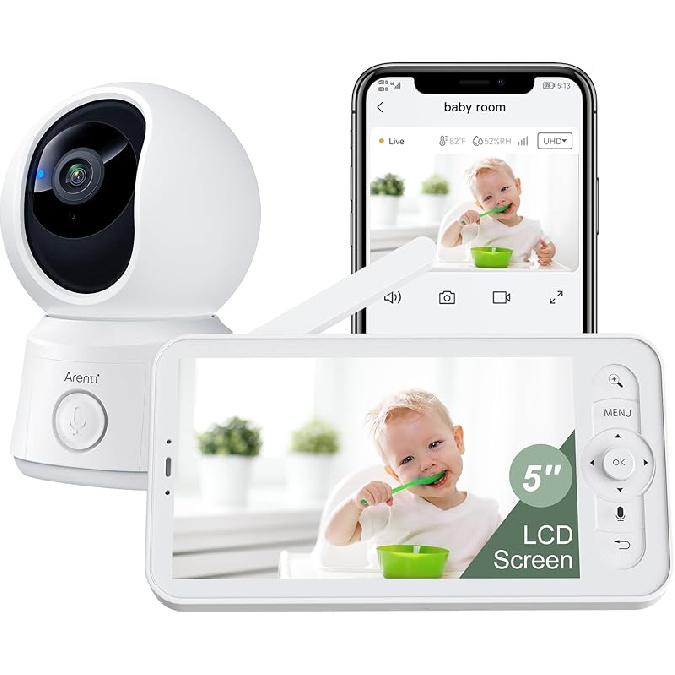 ARENTI Video Baby Monitor with Camera and Audio, 5-inch Smart Baby Camera Monitor with Free Phone App, 1080P, VOX, PTZ, One-Touch Call, Temp Sensor, B2 Kit