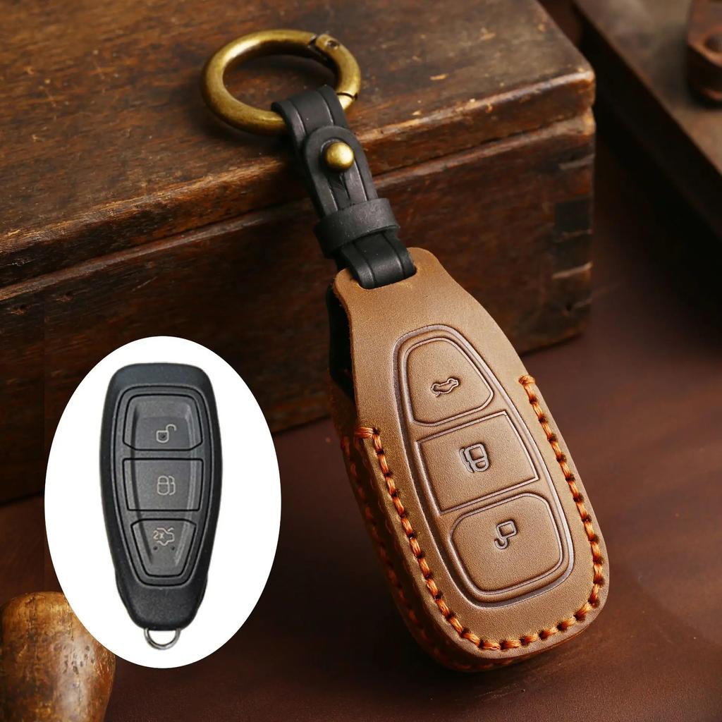 Top Grain Leather Key Case For Ford Kuga Ecosport Focus Fiesta, Full Enclosed Anti-Scratch Key Fob Cover With Metal Ring