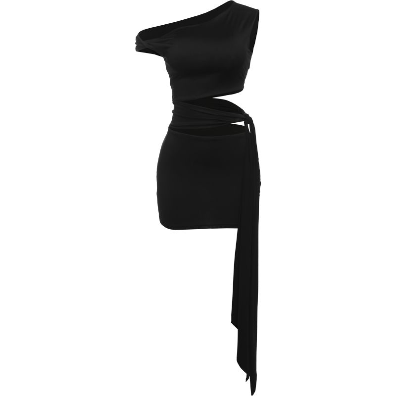 

# Sisjuly# Fashion Ins Bloggers Same Style Sexy Hollow out Strap Ribbon Stylish Sloping Shoulder Dress Female Black S