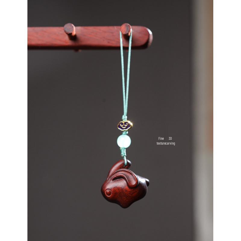 Sandalwood Zodiac Rabbit Phone Charm and Bag Pendant - Cute Cartoon Droopy-Eared Rabbit Accessory