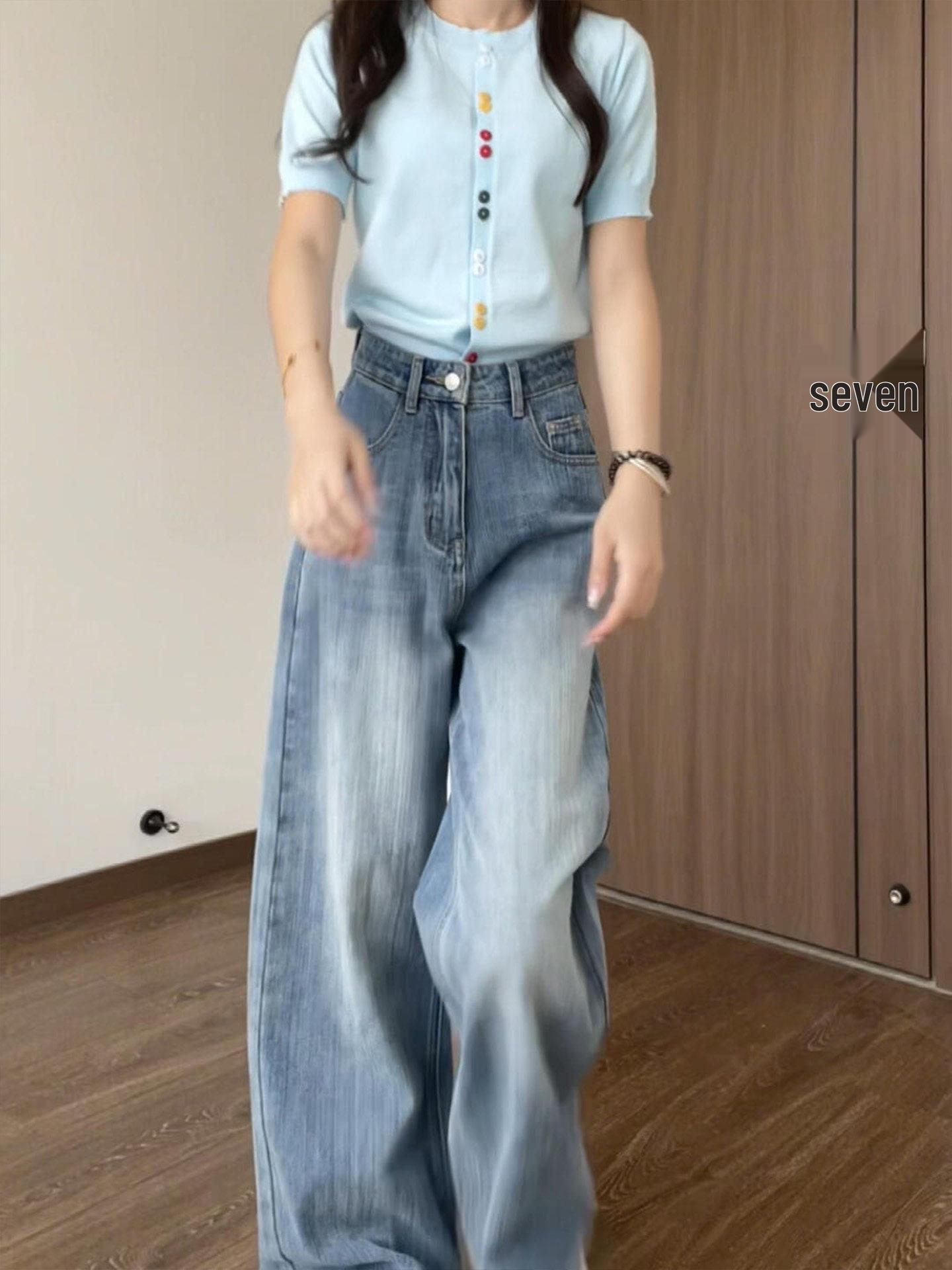 

Women s Plus Size Light Blue Wide-Leg Jeans - Relaxed Fit, Slimming Straight-Leg Pants for Autumn 3XL (Recommended for 80-90 kg) светло-синий