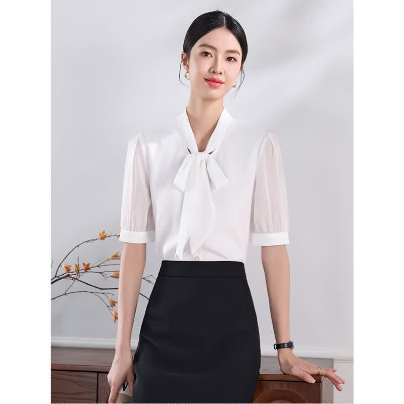 Women's Summer V-neck Bow-knot Short Sleeve Chiffon Blouse