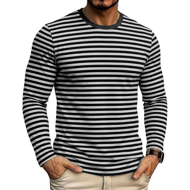 Men Crew Neck Blue White Horizontal Striped Slim Fit Long Sleeve T Shirt