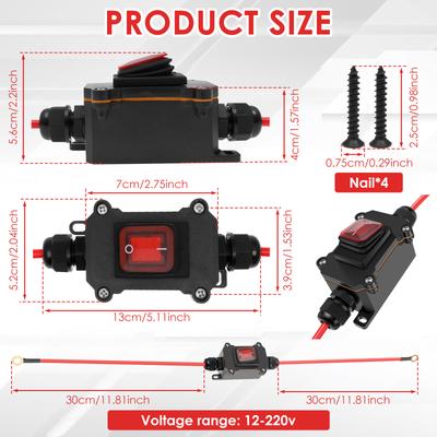 2PCS 12-220V Waterproof Marine Rocker Switch with LED IP67 Inline Power Cord Outdoor Junction Box Electrical Switch for Workshop