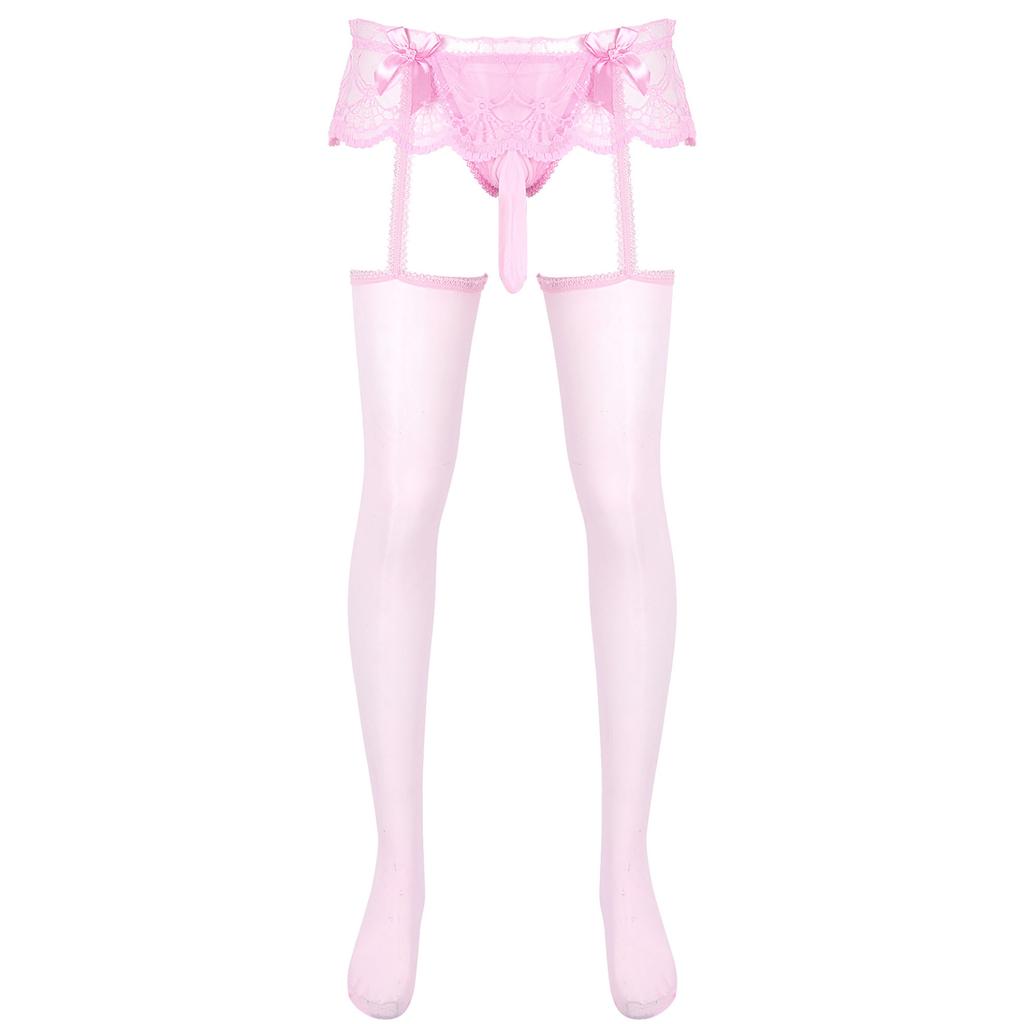 Exotische Herren-Slips aus durchsichtiger Spitze mit Strümpfen, Strumpfhosen mit Aussparungen, Ausbuchtungsbeutel, G-Strings, glänzende Strumpfhalter, Leggings, Sissy-Nachtwäsche, Party
