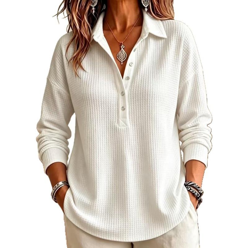 Damen S Waffelstrick Langarm Pullover T-Shirt Locker Lässiges Oberteil