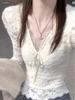 Women's Autumn/Winter White V-Neck Lace Velvet Lined Slim-Fit Top
