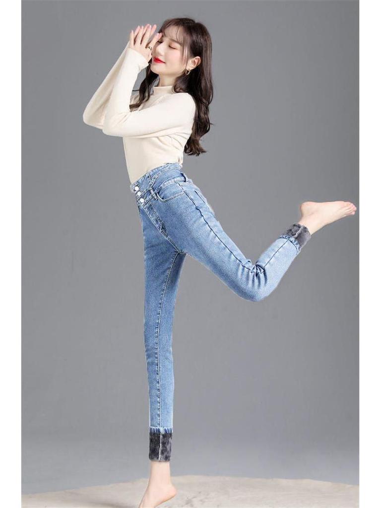 High-Waisted Thick Velvet Skinny Jeans for Women - Winter Slim Fit Stretch Jeggings