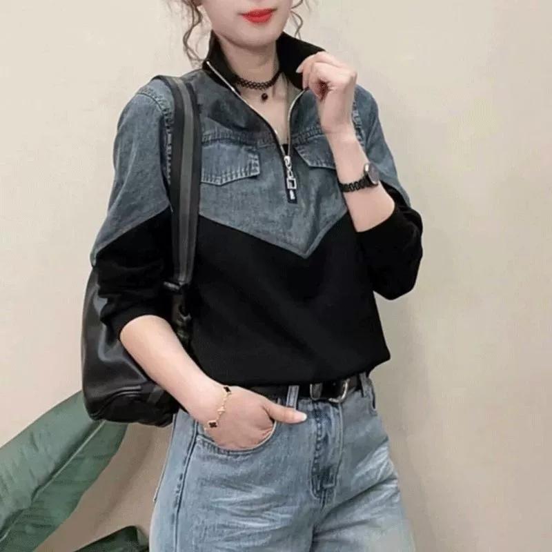 Women's Spring/Fall Casual Design Half-Zip Sweatshirt Korean Style Loose-Fit Lightweight Patchwork Top