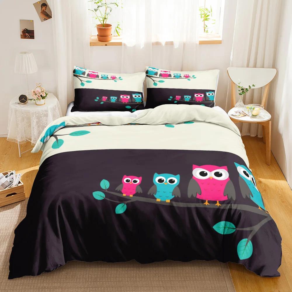 Owl Duvet Cover Set Cartoon Comforter Cover Happy Birthday Theme Bedding Set Cute Bird Polyester Quilt Cover Twin Size For Kids