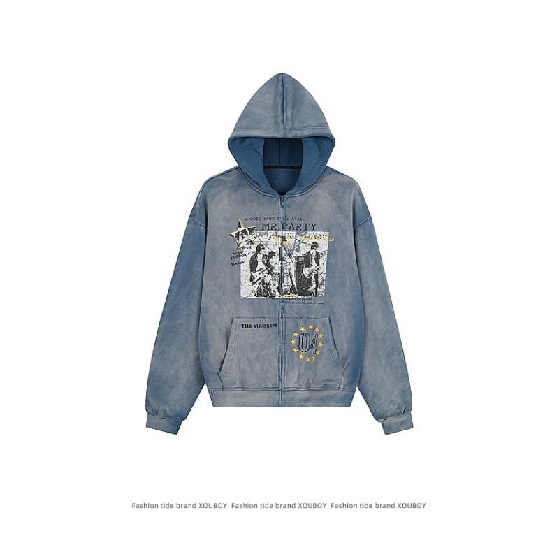 Unisex Übergroßes Used-Look Gewaschenes Kapuzen-Reißverschluss-Sweatshirt Streetwear Baumwoll-Pullover Herbst
