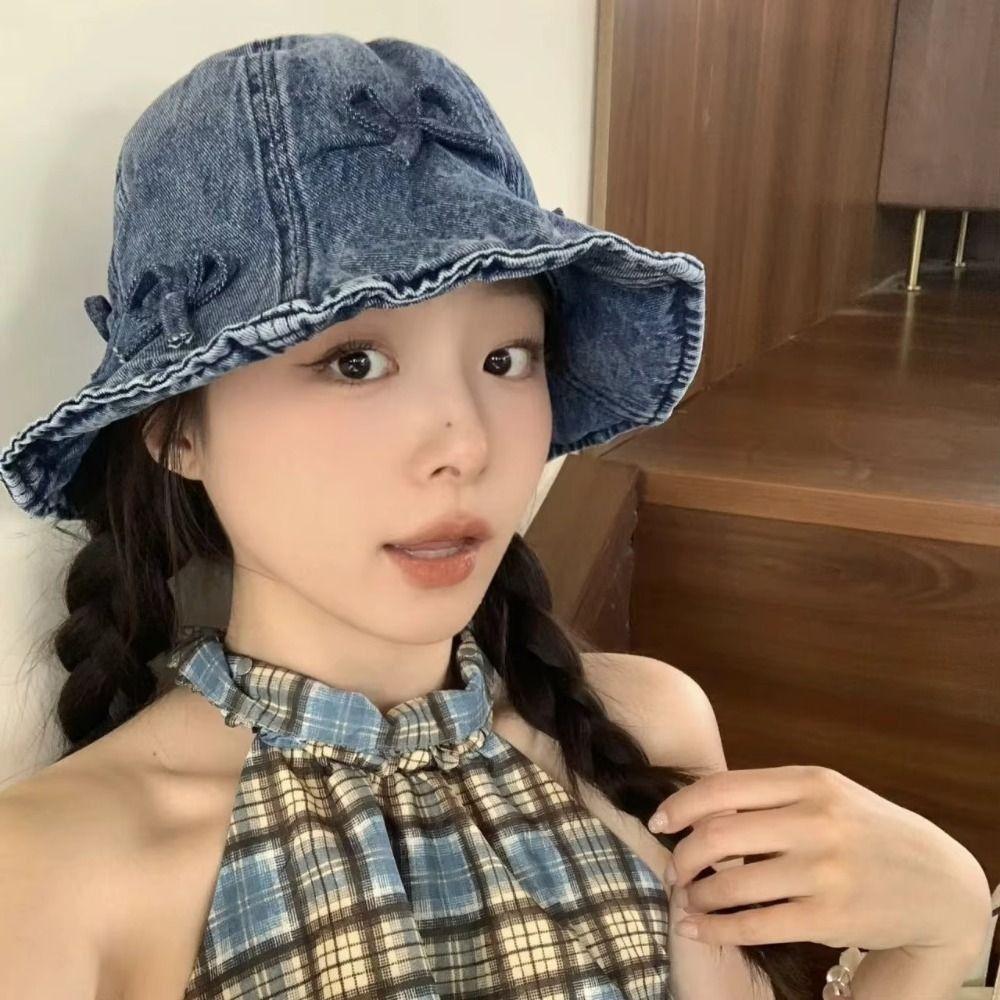 Sweet Denim Bucket Hats Bowknot Sunscreen Hat Cute Bow Fisherman Hat Travel