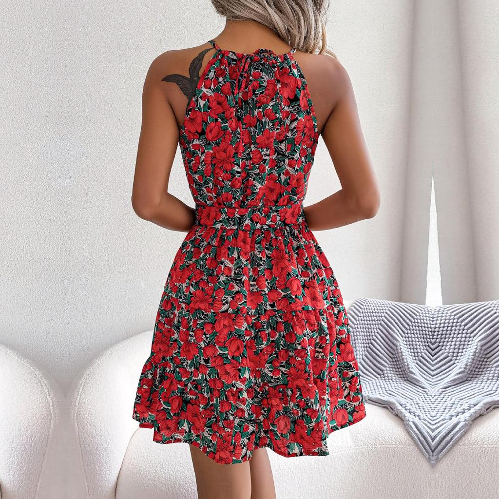 Frühling Sommer Neckholder Krawatte Offenes Rückenfreies Blumen Langes Kleid Unregelmäßige Urlaubskleider S-XL