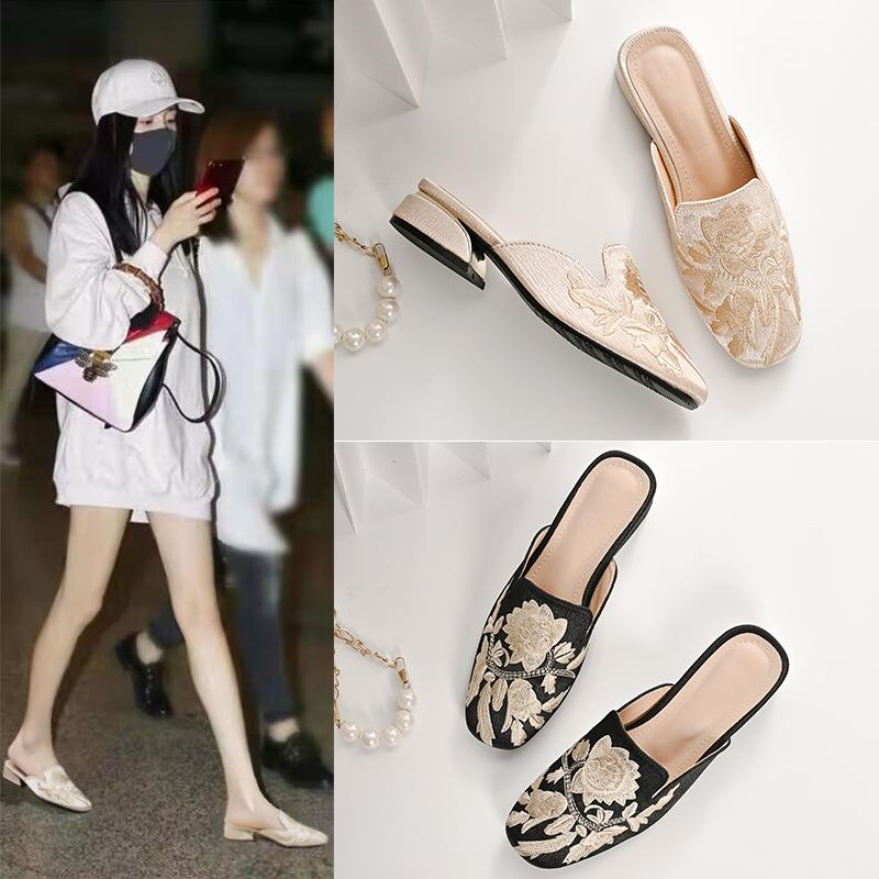 Fashion Desinger Embroider Silk Slippers Women Square Toe Med-high Heels Slides Shoes Woman Outdoor Floral Footwear Metal Heel Pantuflas