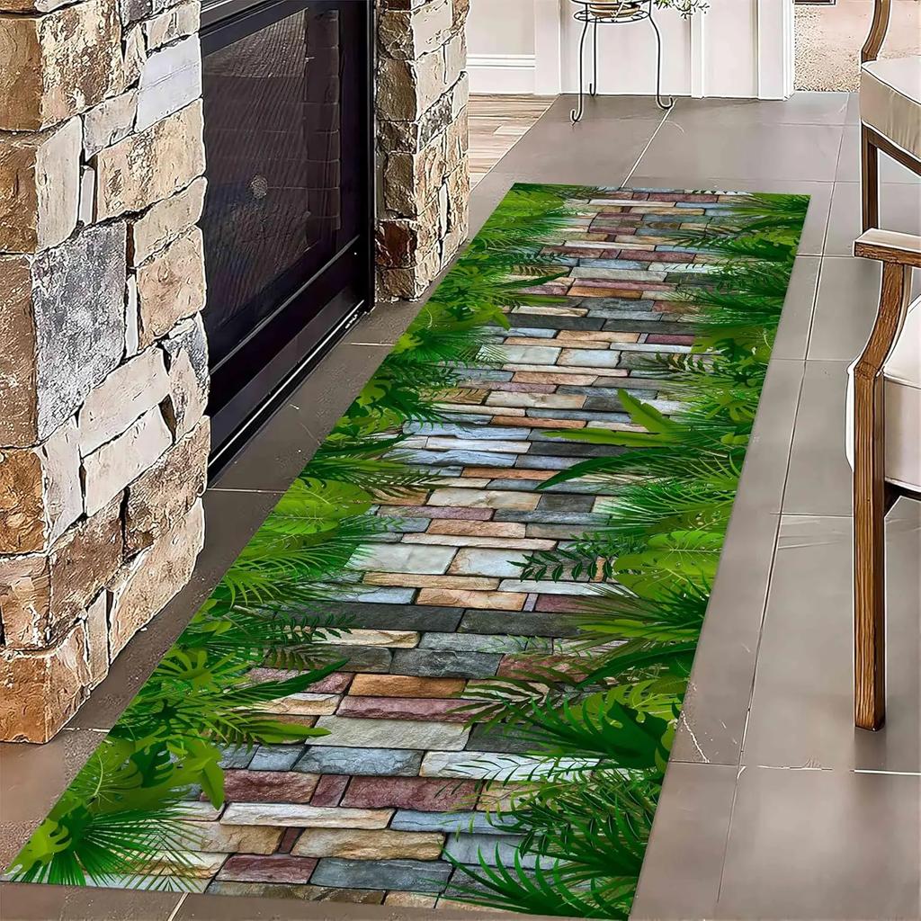 3D Stone Pathway Tropical Green Plant Runner Rug Super Absorbent Non Slip Carpet for Hallway Living Room Bedroom Home Decor